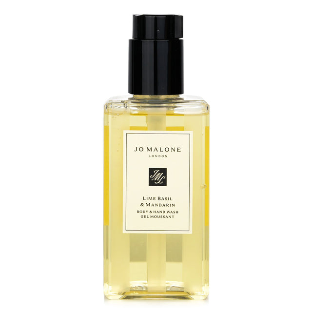 Jo Malone Lime Basil & Mandarin Body & Hand Wash in a pump bottle, 250ml, offers a refreshing citrus scent and rich cleansing foam.