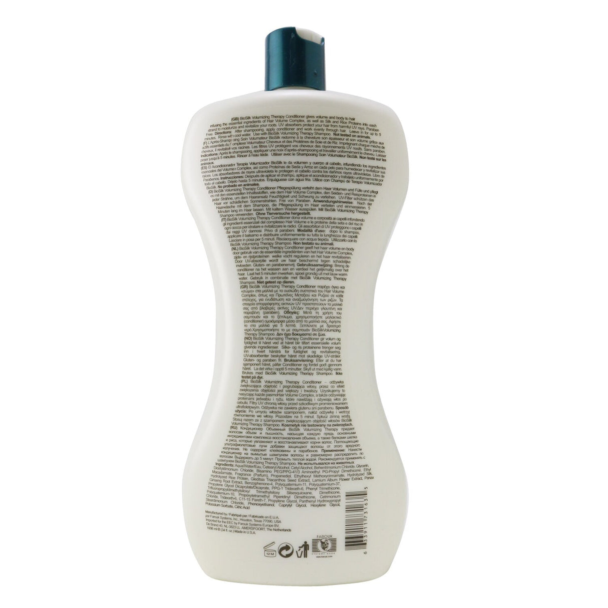 Silk-infused volumizing conditioner boosting hair volume, moisture, and shine, free of gluten, sulfates, and parabens.