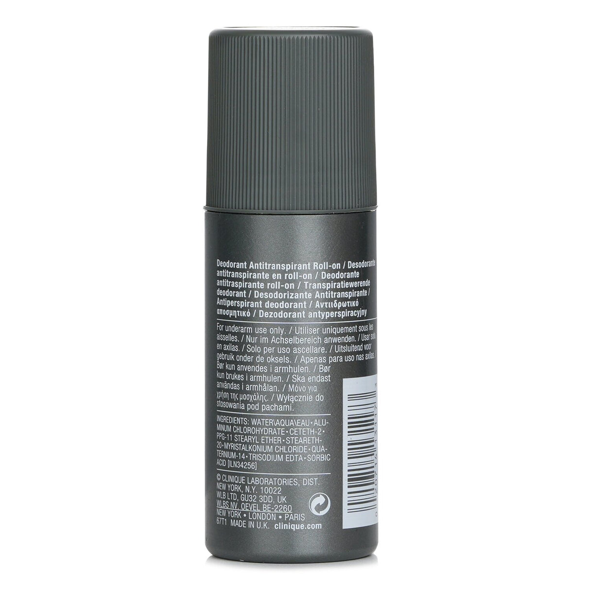 Clinique Antiperspirant-deodorant Roll On, 75ml, offers all-day odor and wetness protection, suitable for all skin types.