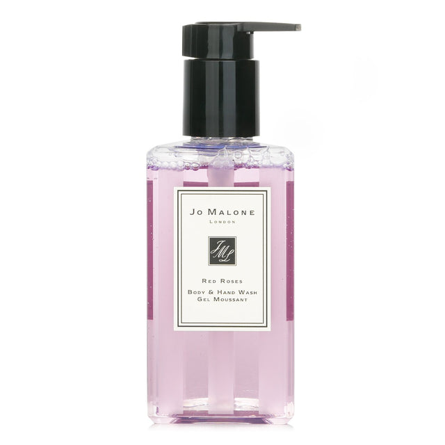 Luxurious Jo Malone Red Roses Body & Hand Wash with pump, 250ml, infused with fresh rose fragrance for soft, cleansed skin.