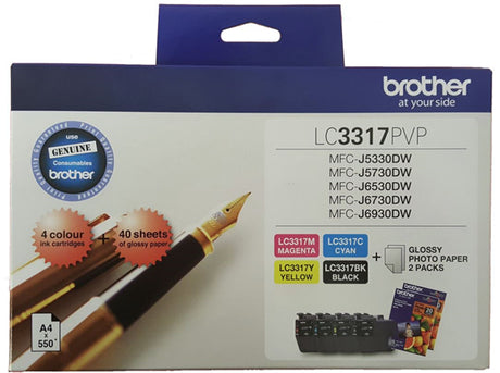 Brother LC3317PVP Ink Cartridge pack featuring cyan, magenta, yellow, and black cartridges for vibrant, high-quality prints.