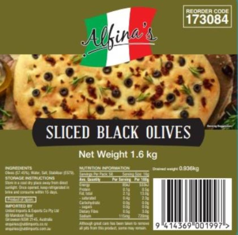 Alfina Black Sliced Olives, 1.6KG, premium quality for cooking, snacking, and enhancing Mediterranean dishes.