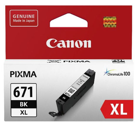 Canon CLI671XLBK high yield black ink cartridge for sharp text and vibrant images, compatible with various Canon printers.