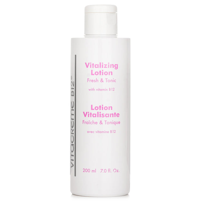Revitalizing lotion with Caffeine and Vitamins B3 & B12, soothing Allantoin, for hydrated, elastic, and calm skin.