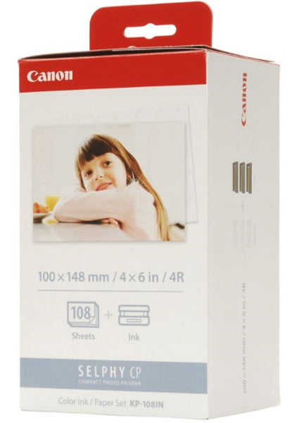 Canon KP-108IN kit featuring 108 sheets of 4x6 photo paper and 3 ink cassettes for high-quality, instant dry prints.