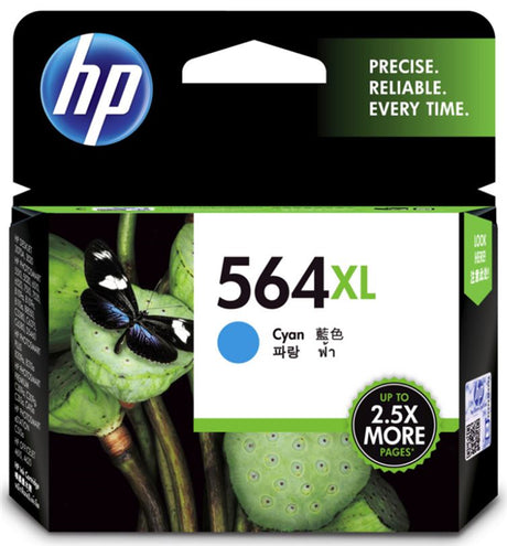 HP 564XL High Yield Cyan Ink Cartridge for vibrant prints, delivers up to 750 pages, compatible with multiple HP printer models.