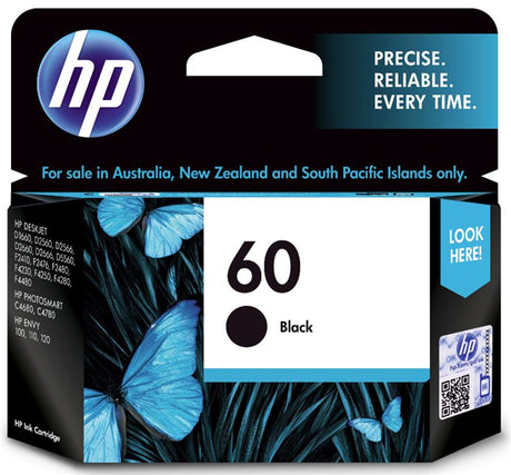 HP 60 Black Ink Cartridge, designed for vibrant prints, compatible with various HP printers, yields up to 200 pages.