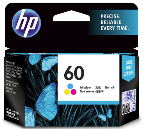 HP 60 Tri-Colour Ink Cartridge for vibrant prints with advanced fraud protection and smart low-ink alerts, compatible with various HP printers.