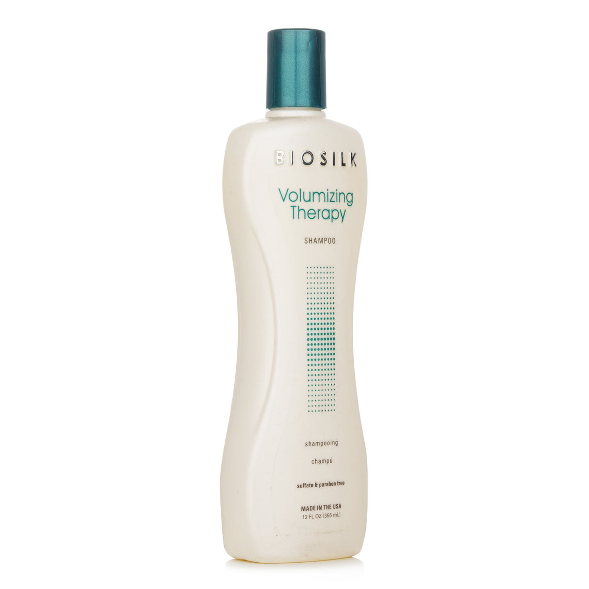 BioSilk Volumizing Therapy Shampoo in 355ml bottle, enriching hair with silk and rice proteins for added volume and shine.