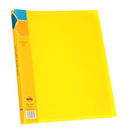 Bright yellow Marbig Display Book with customizable spine, 20 clear pockets for A4 documents, perfect for presentations and organization.