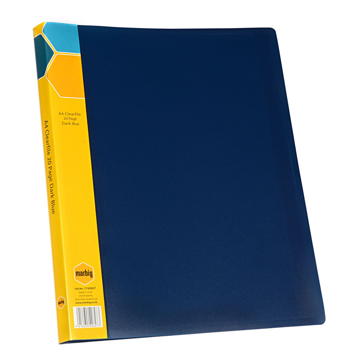 Marbig Display Book in Dark Blue, featuring 20 clear pockets and a customizable insert spine for stylish document organization.