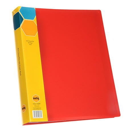 Red Marbig Display Book with 60 clear pockets for organizing documents and presentations stylishly and efficiently.