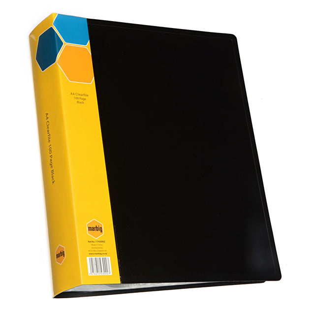 Marbig Display Book in black with 100 acid-free pockets for organizing and showcasing documents and presentations.