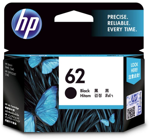 HP 62 Black Ink Cartridge for sharp, vibrant document printing; compatible with various ENVY and Officejet printers.