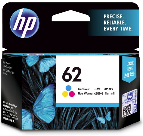 HP 62 Tri-Colour Ink Cartridge for vibrant prints, compatible with various HP ENVY and OfficeJet models, yields 165 pages.