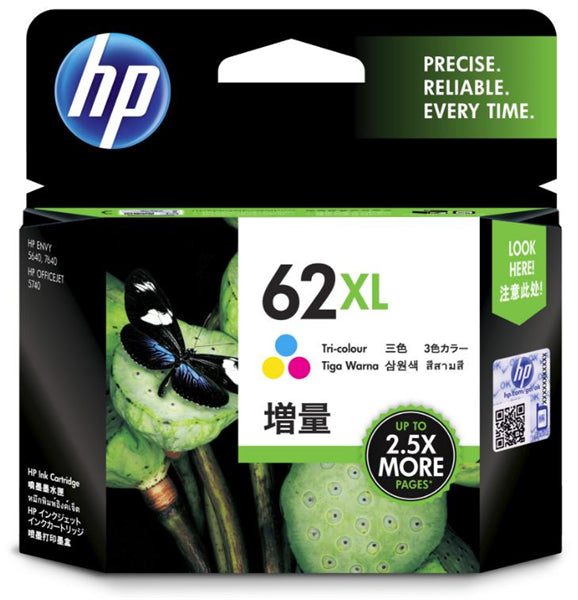 HP 62XL Tri-Colour High Yield Ink Cartridge for vibrant prints, lasting up to 415 pages, compatible with various HP printer models.