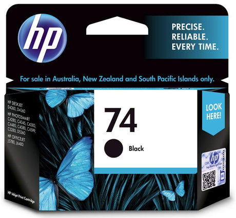 HP 74 Black Ink Cartridge, ideal for crisp text & vivid graphics, compatible with various HP printers, yields up to 200 pages.