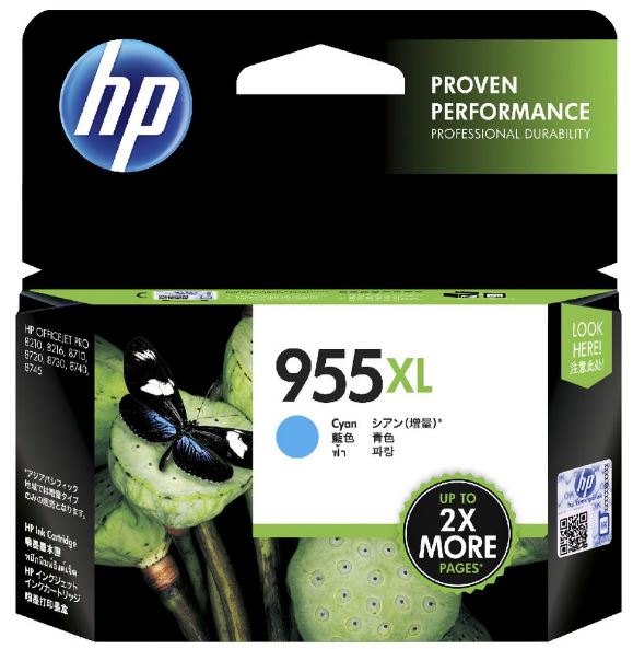 HP 955XL Cyan High Yield Ink Cartridge for vibrant prints, yields up to 1,600 pages, compatible with OfficeJet Pro models.