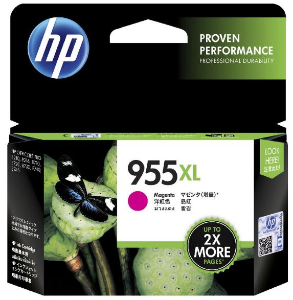 HP 955XL Magenta Ink Cartridge for vibrant prints, lasting up to 1,600 pages, with low-ink alerts and fraud protection.