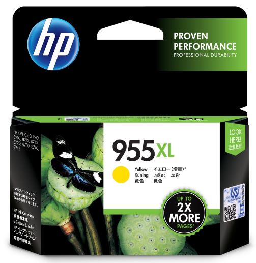 HP 955XL Yellow High Yield Ink Cartridge for OfficeJet Pro, vibrant color, high volume printing up to 1,600 pages, reliable performance.