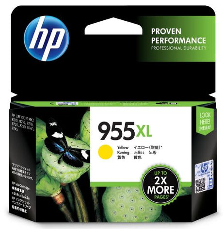 HP 955XL Yellow High Yield Ink Cartridge for OfficeJet Pro, vibrant color, high volume printing up to 1,600 pages, reliable performance.