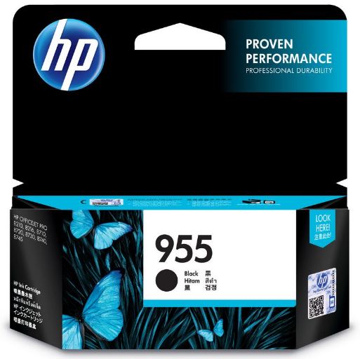 HP 955 Black Ink Cartridge for sharp text, vibrant images, and reliable printing up to 1,000 pages; compatible with OfficeJet Pro models.