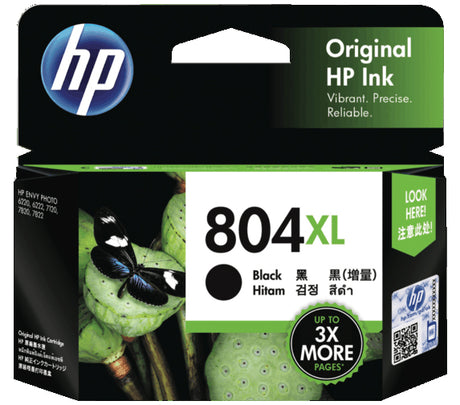 HP 804XL Black Ink Cartridge for vibrant prints, high yield up to 600 pages, compatible with various HP printers.