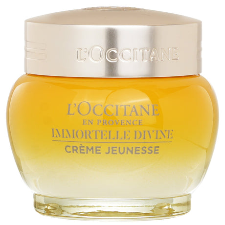 L'Occitane Immortelle Divine Cream in a 50ml jar, offering anti-aging benefits with Organic Immortelle and nourishing plant oils.