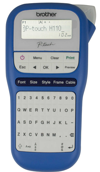 Brother PTH110BW label printer in blue and white, featuring compact design, QWERTY keyboard, and customizable label options.