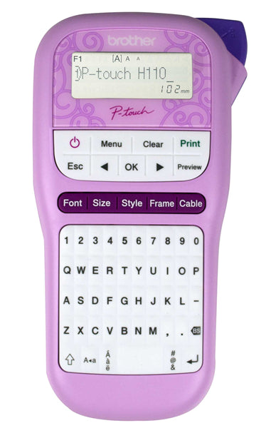 Brother PTH110PK pink label printer with QWERTY keyboard, prints durable, customizable labels for home and office use.