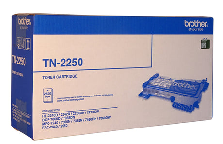 Brother TN-2250 black toner cartridge for high-quality, professional prints, yields up to 2,600 pages, compatible with several Brother printers.