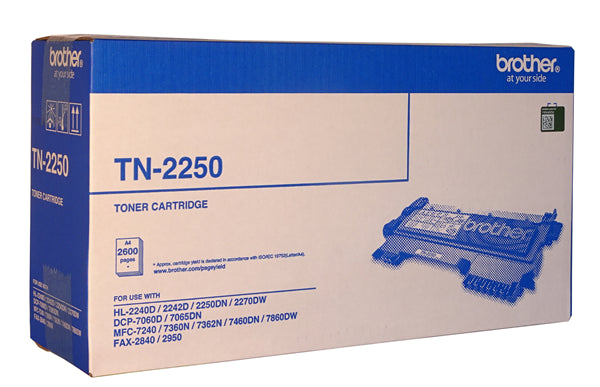 Brother TN-2250 black toner cartridge for high-quality, professional prints, yields up to 2,600 pages, compatible with several Brother printers.