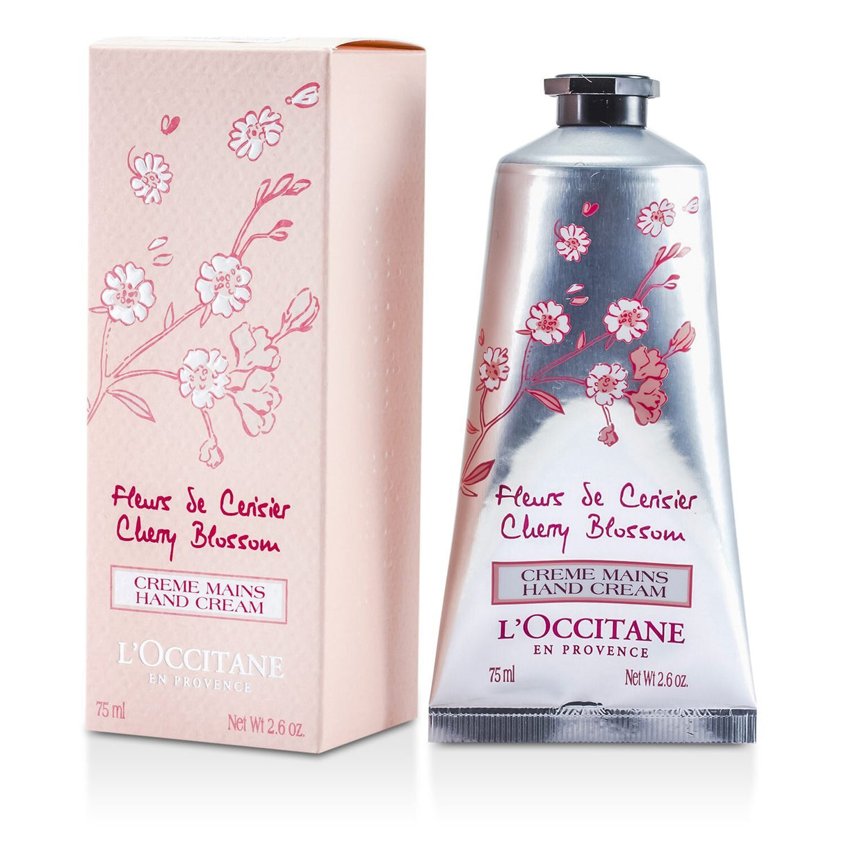 L'Occitane Cherry Blossom Hand Cream in 75ml offers rich hydration with a floral scent, ideal for soft, nourished hands.