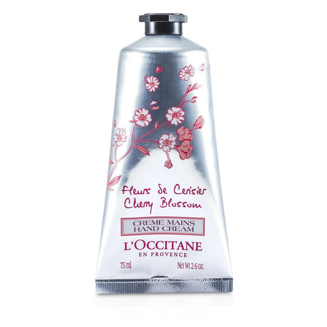 L'Occitane Cherry Blossom Hand Cream in 75ml, rich in shea butter and cherry extract, hydrates and protects hands with a floral scent.