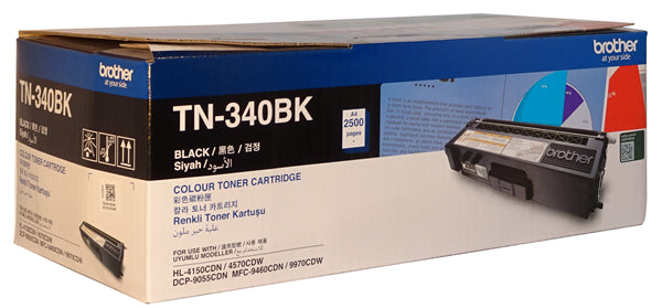 Brother TN-340BK Black Toner cartridge for vivid, crisp prints, up to 2,500 pages, compatible with select Brother printers.