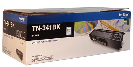 Brother TN-341BK Black Toner cartridge for crisp, high-quality prints, yields up to 2,500 pages, compatible with various Brother printers.