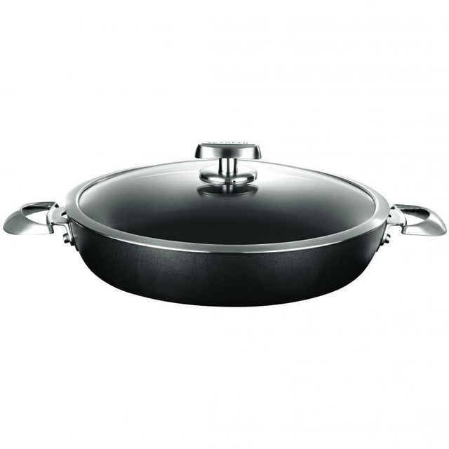 Scanpan Pro IQ 32cm chef pan with Stratanium non-stick, glass lid, and stainless steel handles for versatile cooking.