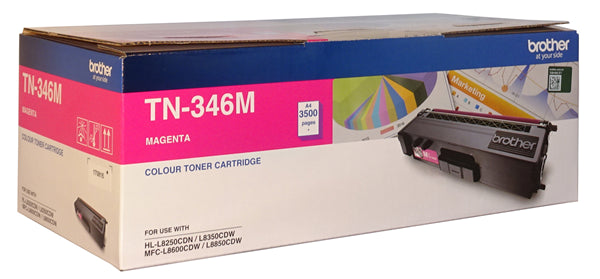 Brother TN-346M Magenta High Yield Toner cartridge for Brother printers, yielding up to 3,500 pages with vibrant color output.