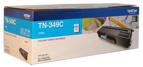 Cyan Brother TN-349C toner cartridge for vibrant prints, yields up to 6,000 pages, compatible with MFCL9550CDW and HLL9200CDW.