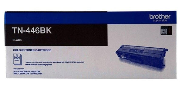 Brother TN446BK black toner cartridge, yielding 6,500 pages, ensures sharp, professional-quality prints for home and office use.