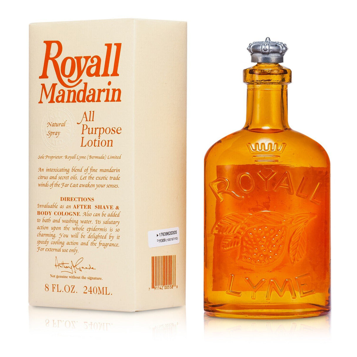 Royall Mandarin All Purpose Lotion Splash 240ml, a multi-use men's lotion with tropical mandarin and herbaceous notes.