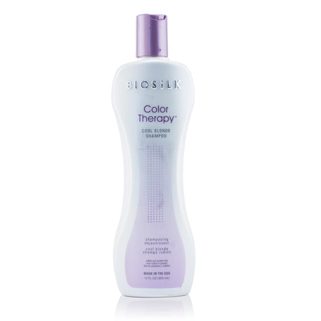 BioSilk Color Therapy Cool Blonde Shampoo bottle, sulfate-free, violet tone, enhances blonde color, enriched with silk proteins.