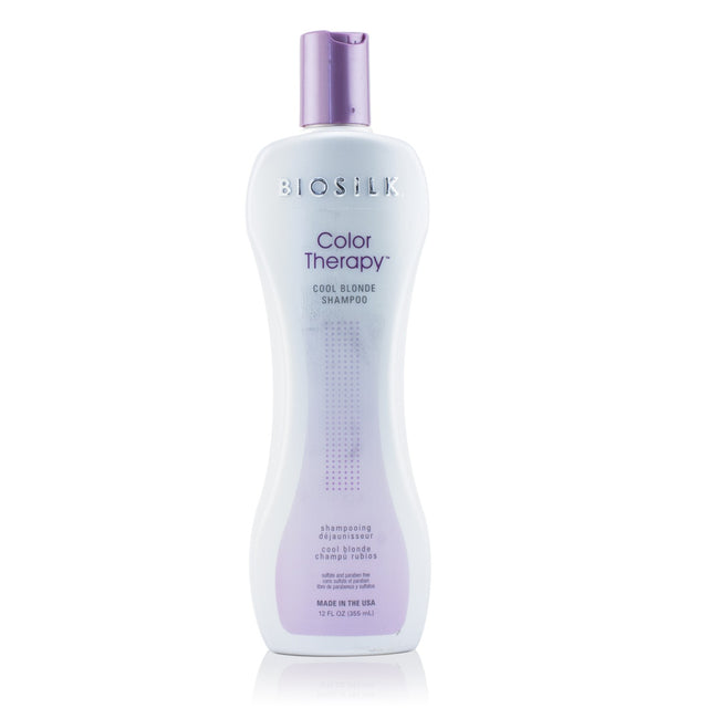 BioSilk Color Therapy Cool Blonde Shampoo bottle, sulfate-free, violet tone, enhances blonde color, enriched with silk proteins.