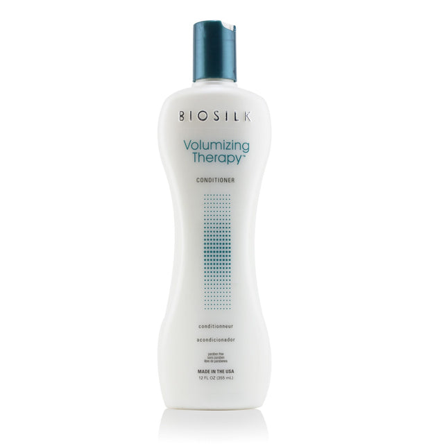 Silk-infused volumizing conditioner for fuller, shinier hair; enriched with rice proteins and UV protection.