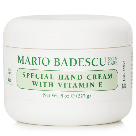 Luxurious Mario Badescu hand cream with Vitamin E, absorbing quickly to hydrate and soothe dry, cracked hands.