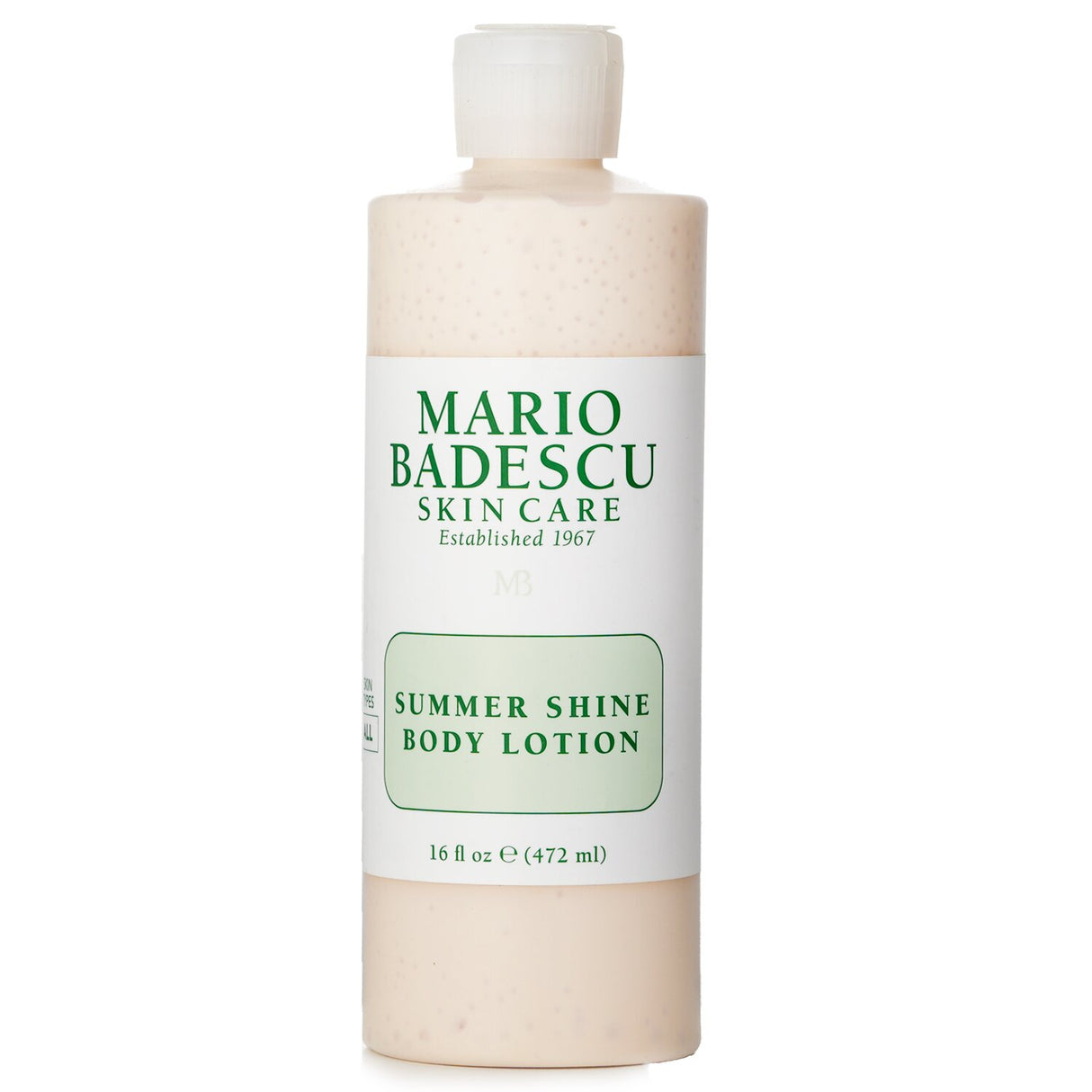 Mario Badescu Summer Shine Body Lotion in a 472ml bottle, designed for all skin types, promotes radiant and moisturized skin.