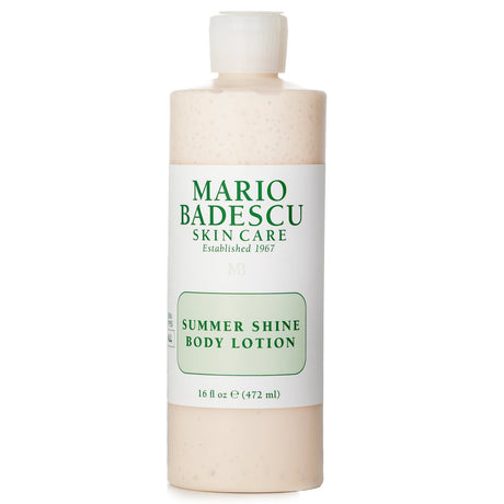 Mario Badescu Summer Shine Body Lotion in a 472ml bottle, designed for all skin types, promotes radiant and moisturized skin.