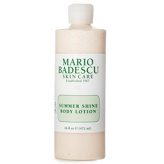 Mario Badescu Summer Shine Body Lotion in a 472ml bottle, designed for all skin types, promotes radiant and moisturized skin.