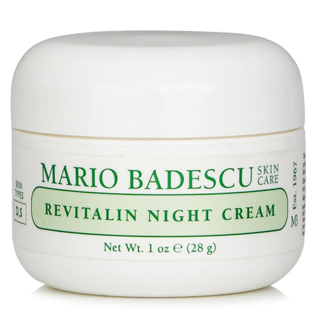 Luxurious Mario Badescu Revitalin Night Cream for dry, sensitive skin; hydrates with Collagen and antioxidants for a youthful glow.