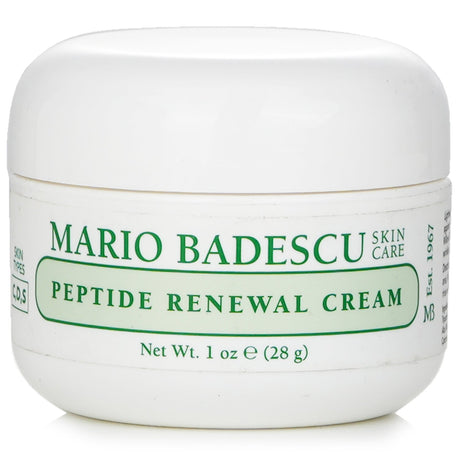 Mario Badescu Peptide Renewal Cream in 29ml for combination, dry, and sensitive skin; hydrates, firms, and reduces wrinkles.